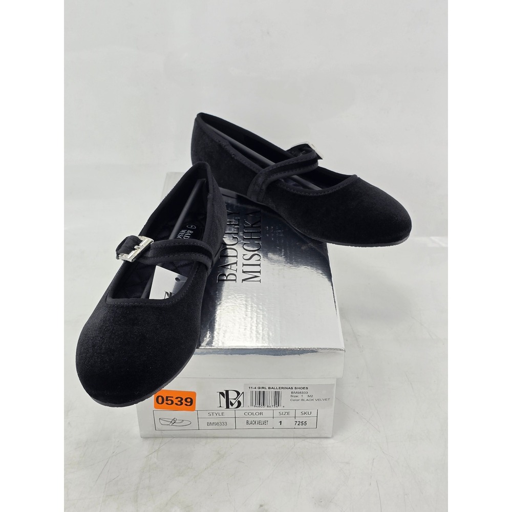 Badgley Mischka Ballerinas Shoes Girls Size 1 Black Velvet Mary Jane Buckle -New